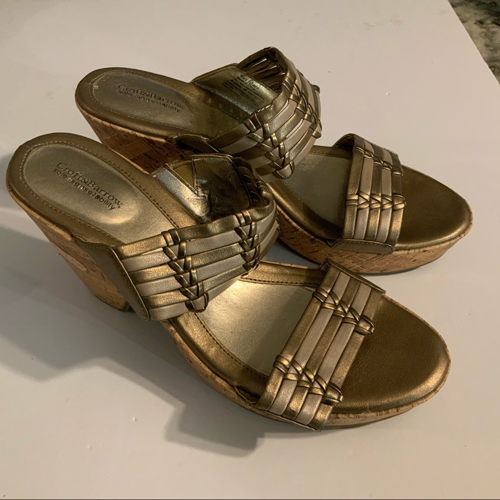 GOLD STRAPPY CORK 4” SANDALS KOHL’S SZ 10M VACATION BOHO